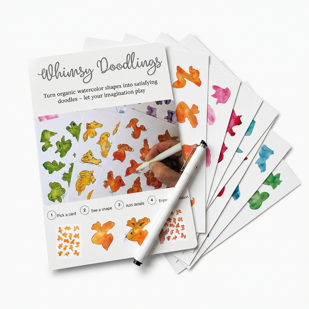Whimsy Doodlings kit displayed with the box, colorful watercolor cards and a white fineliner.