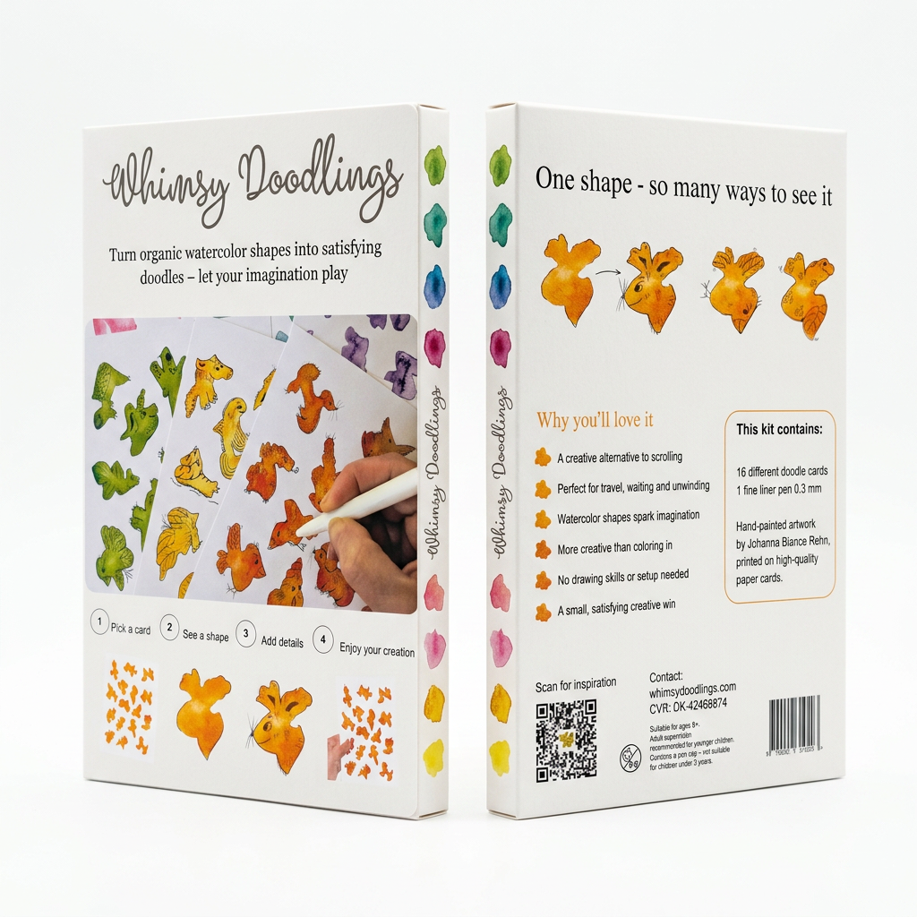 Front and back views of the Whimsy Doodlings 1st Edition Doodling Kit box.