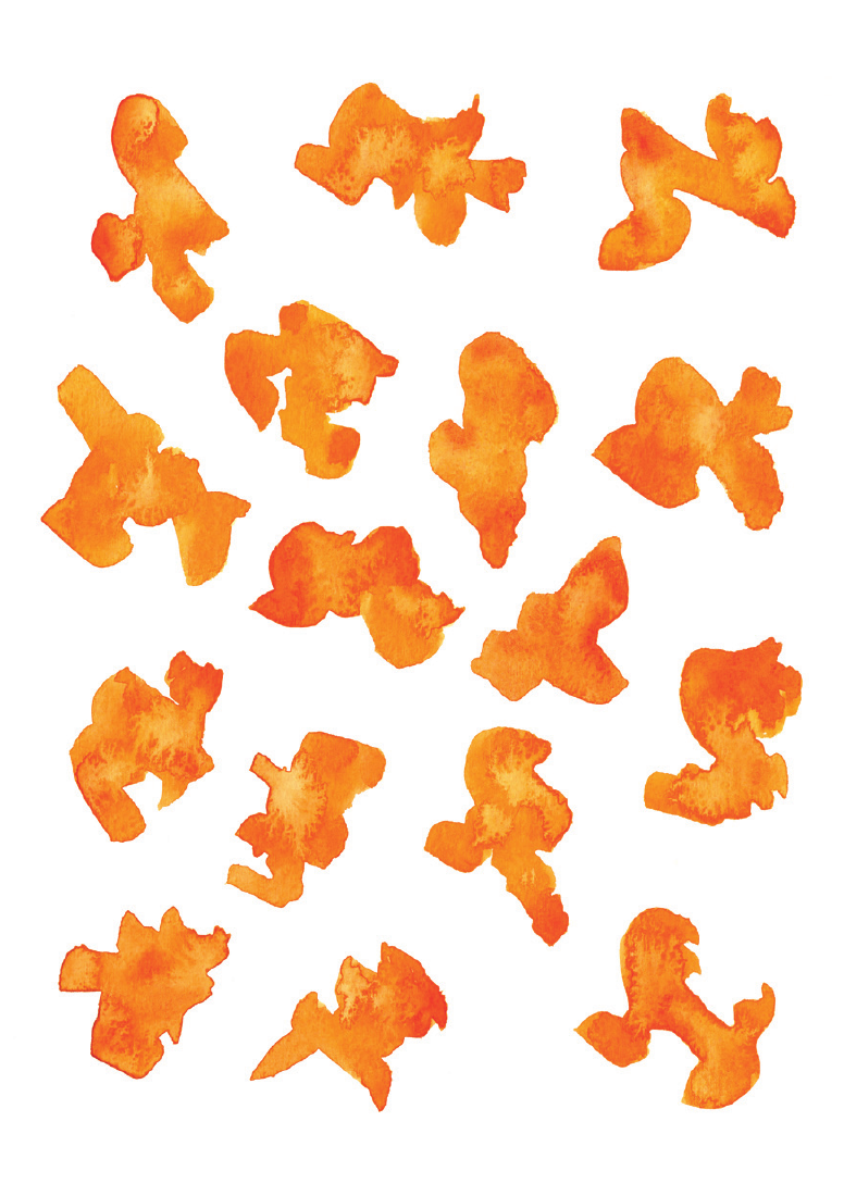 Et originalt orange akvarelkort. De organiske former er et udgangspunkt for din fantasi.